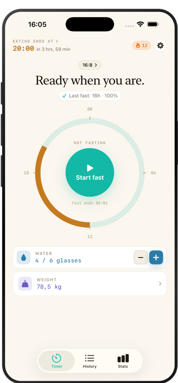 L'app EasyFasting affichant le minuteur de jeûne en un geste et la phase en cours